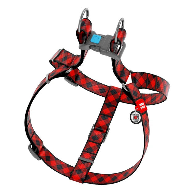 4981-waudog Nylon Dog Harness With Qr Passport, "red Plaid" Design, W 15 Mm, L 40-55 Cm