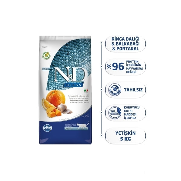 N&d Ocean Pumpkin Ringa Balıklı Bal Kabaklı Ve Portakallı Tahılsız Yetişkin Kedi Maması 5kg