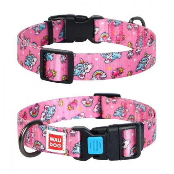 4760-waudog Nylon Dog Collar With Qr Passport, "unicorns" Design, W 25 Mm, L 35-58 Cm